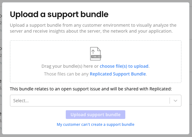 Upload a support bundle dialog