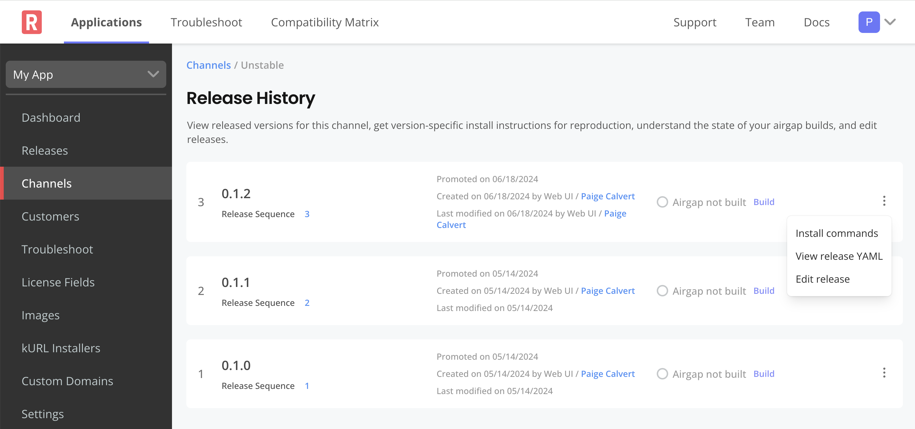 Release history page