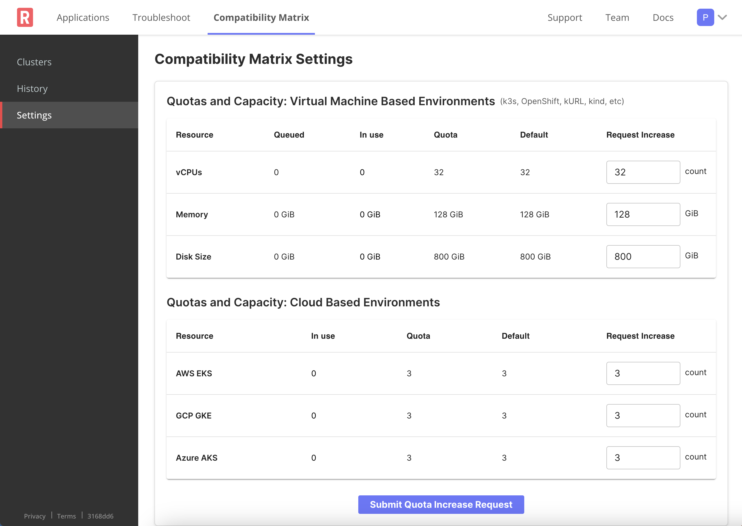 Compatibility matrix settings page