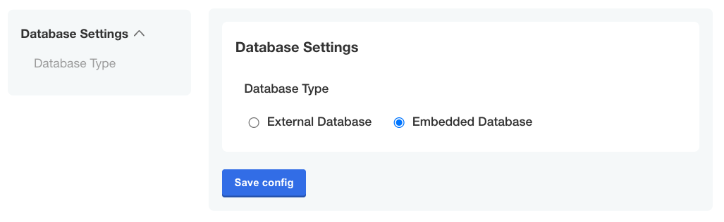 Config page with embedded database option selected