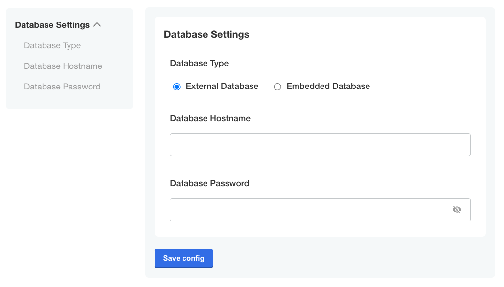 Config page displaying the database host and password fields