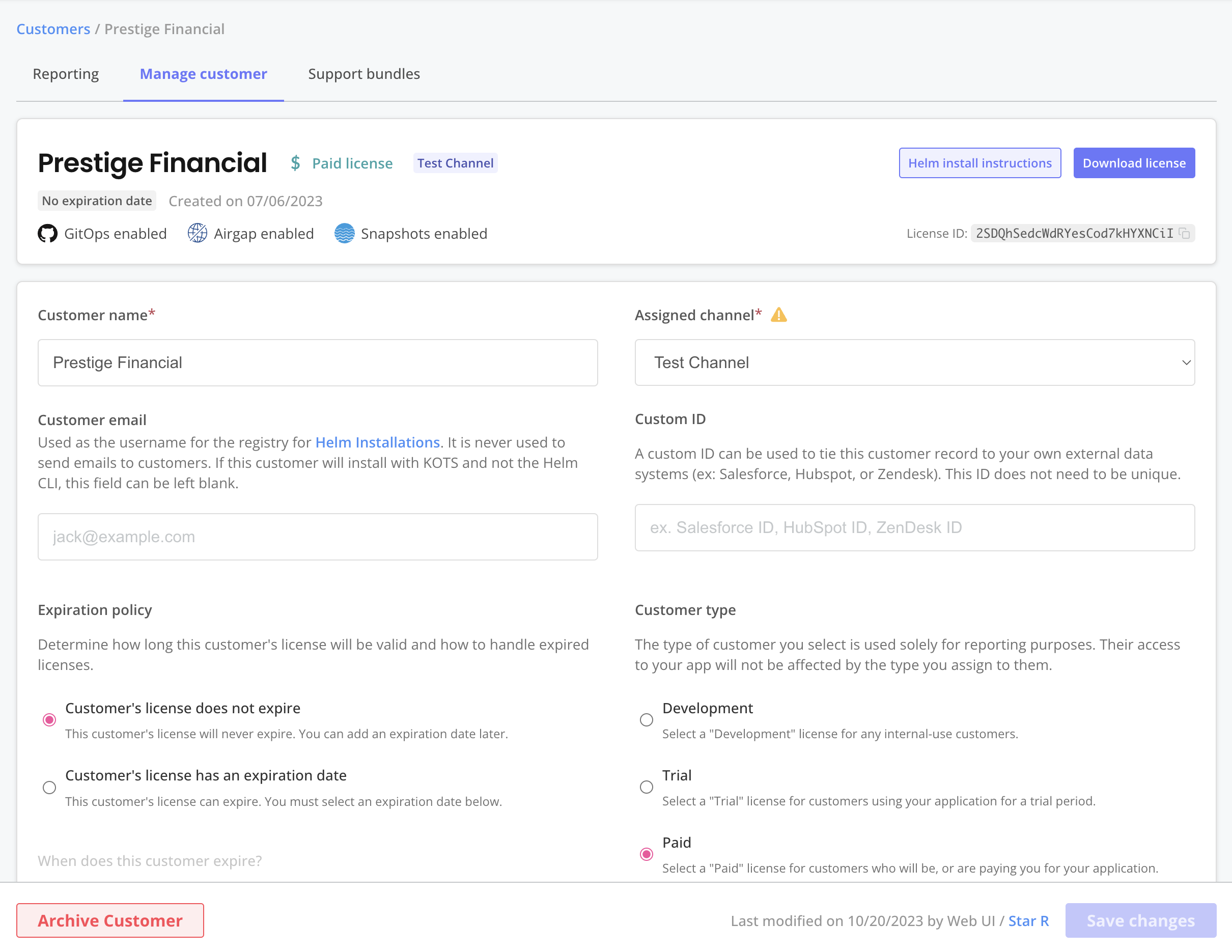 Full manage customer page for a customer named Prestige Financial