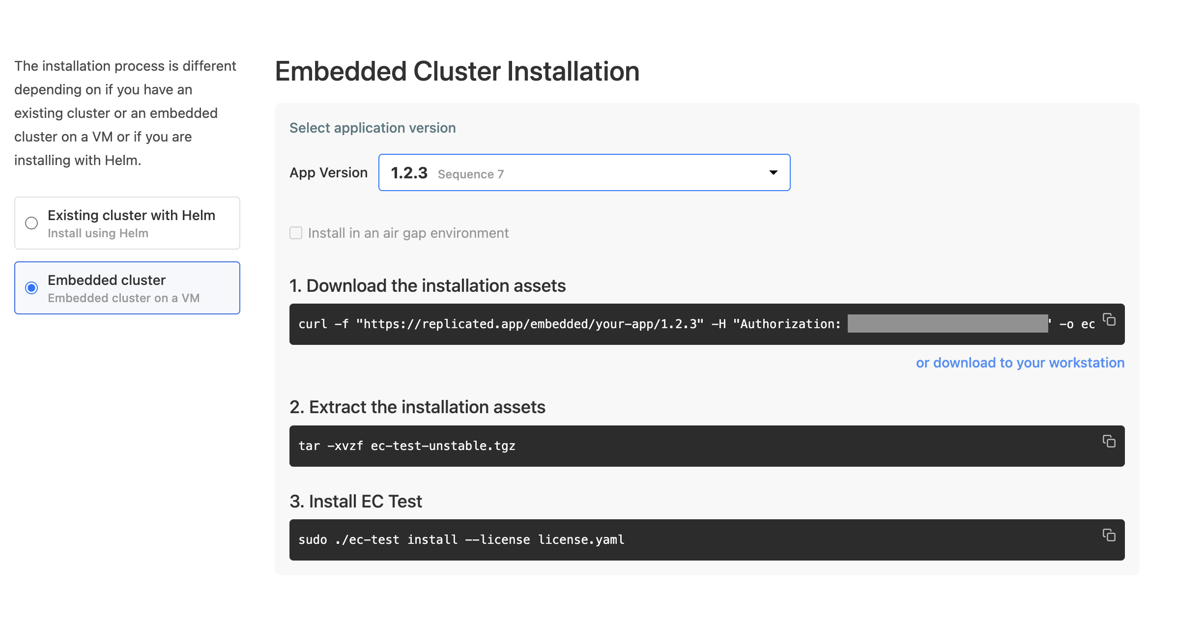 download portal showing embedded cluster installation instructions