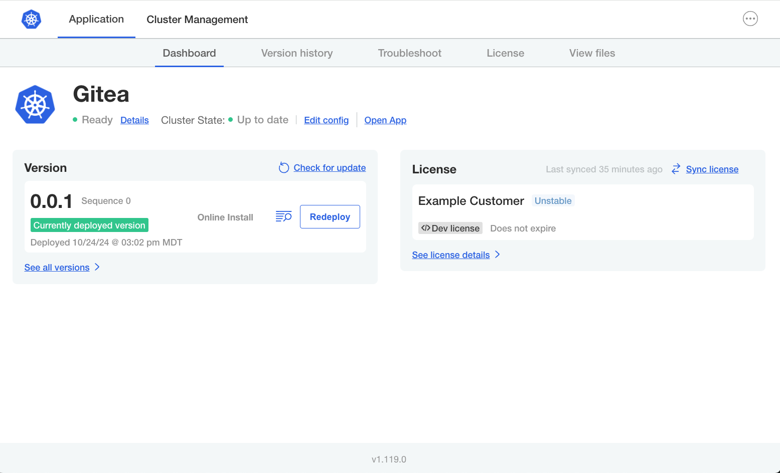 Admin console dashboard with Cluster Management tab