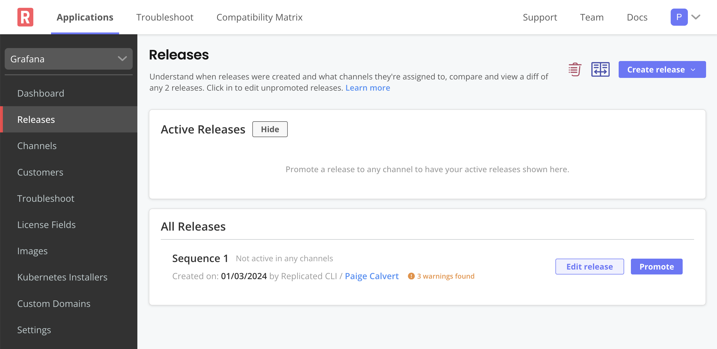 Release page in the vendor portal with one release