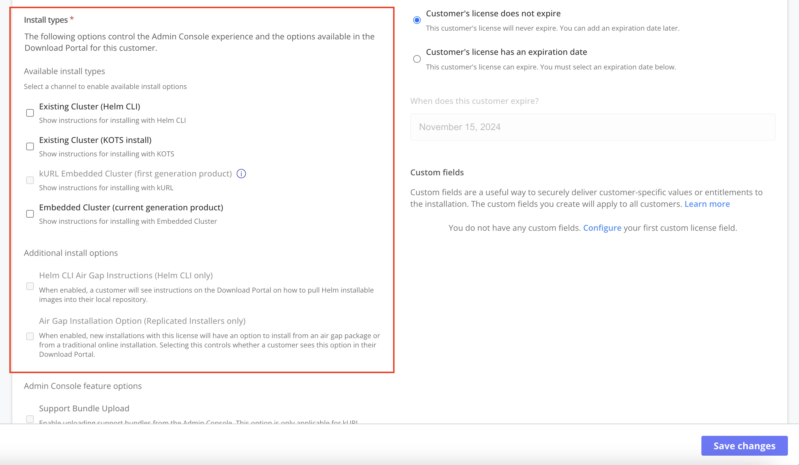 Install types license fields