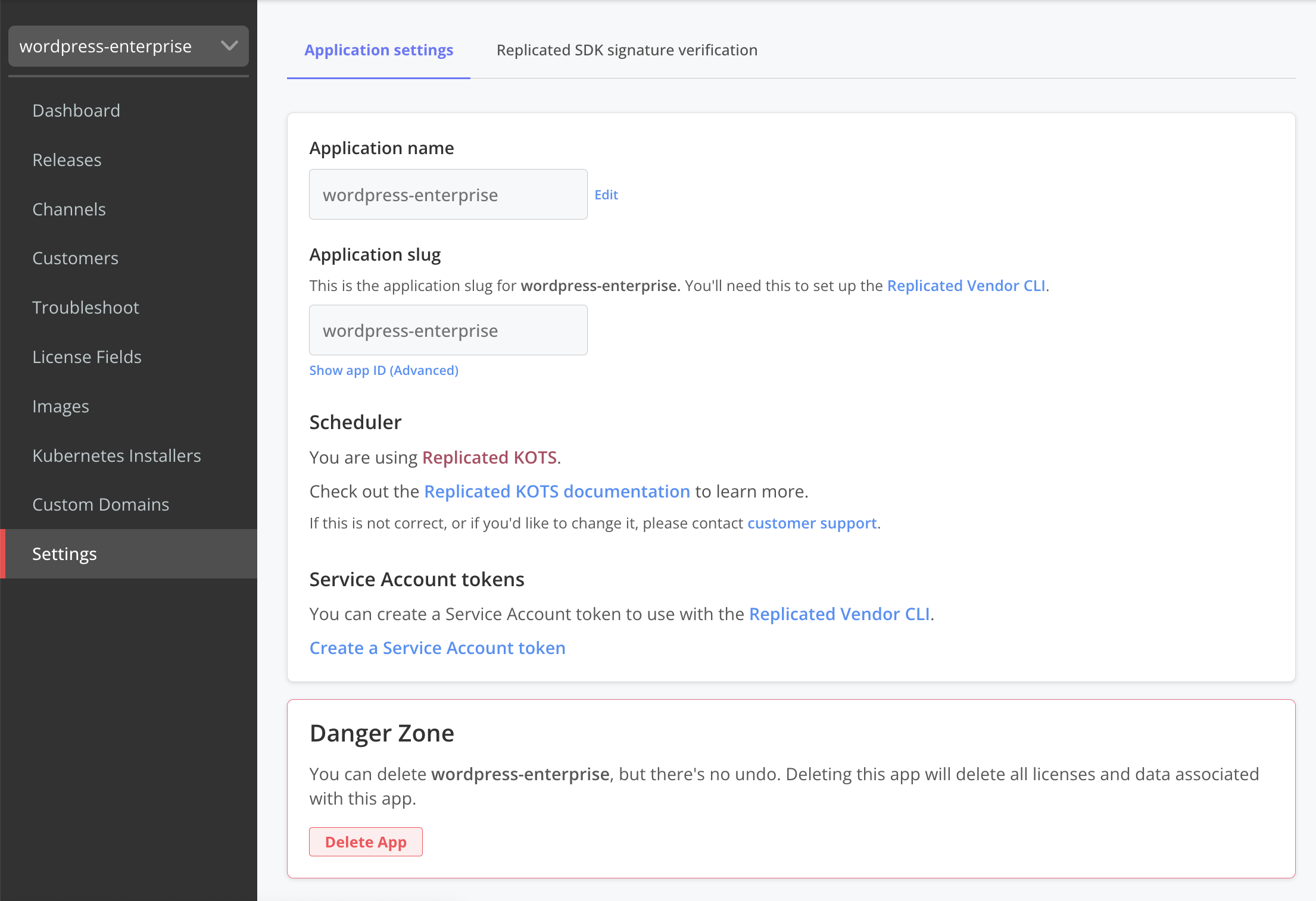 Settings page