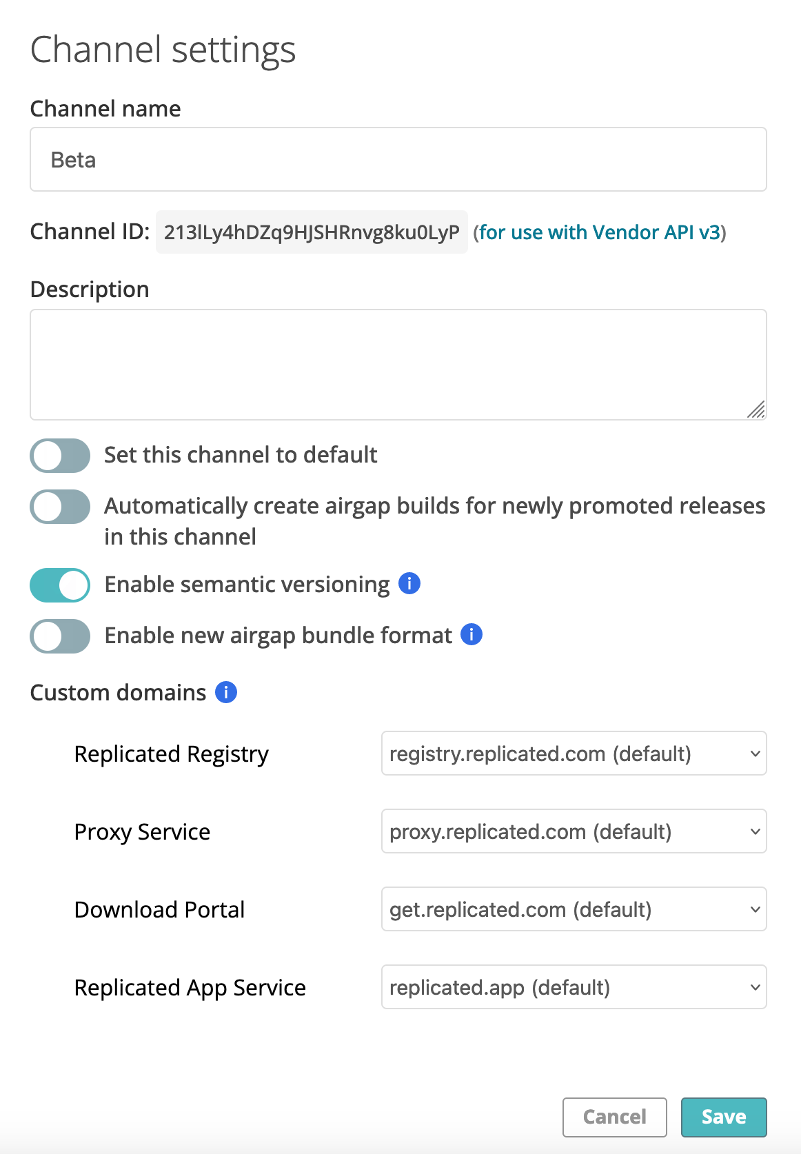 Channel Settings dialog in the vendor portal