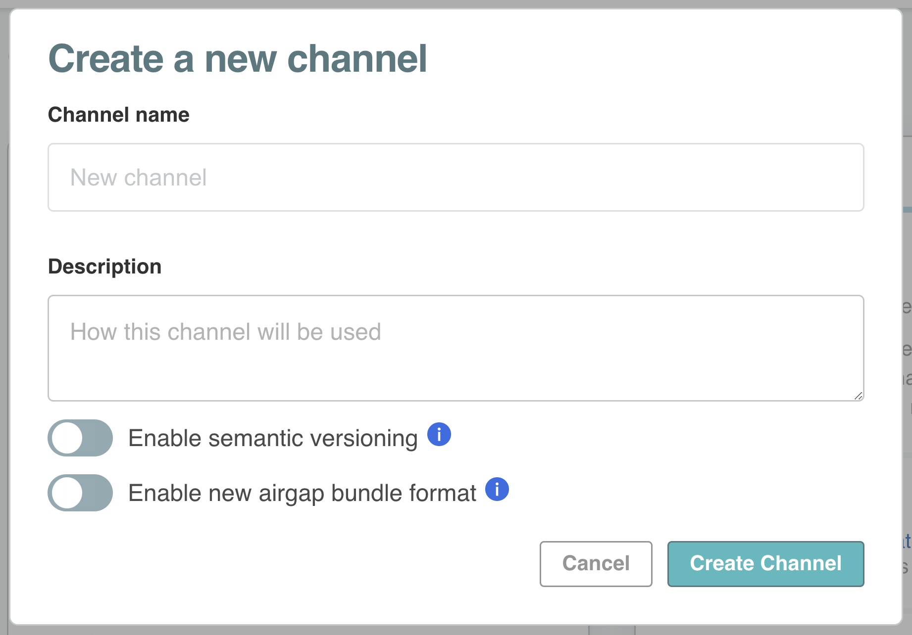 Create channel dialog