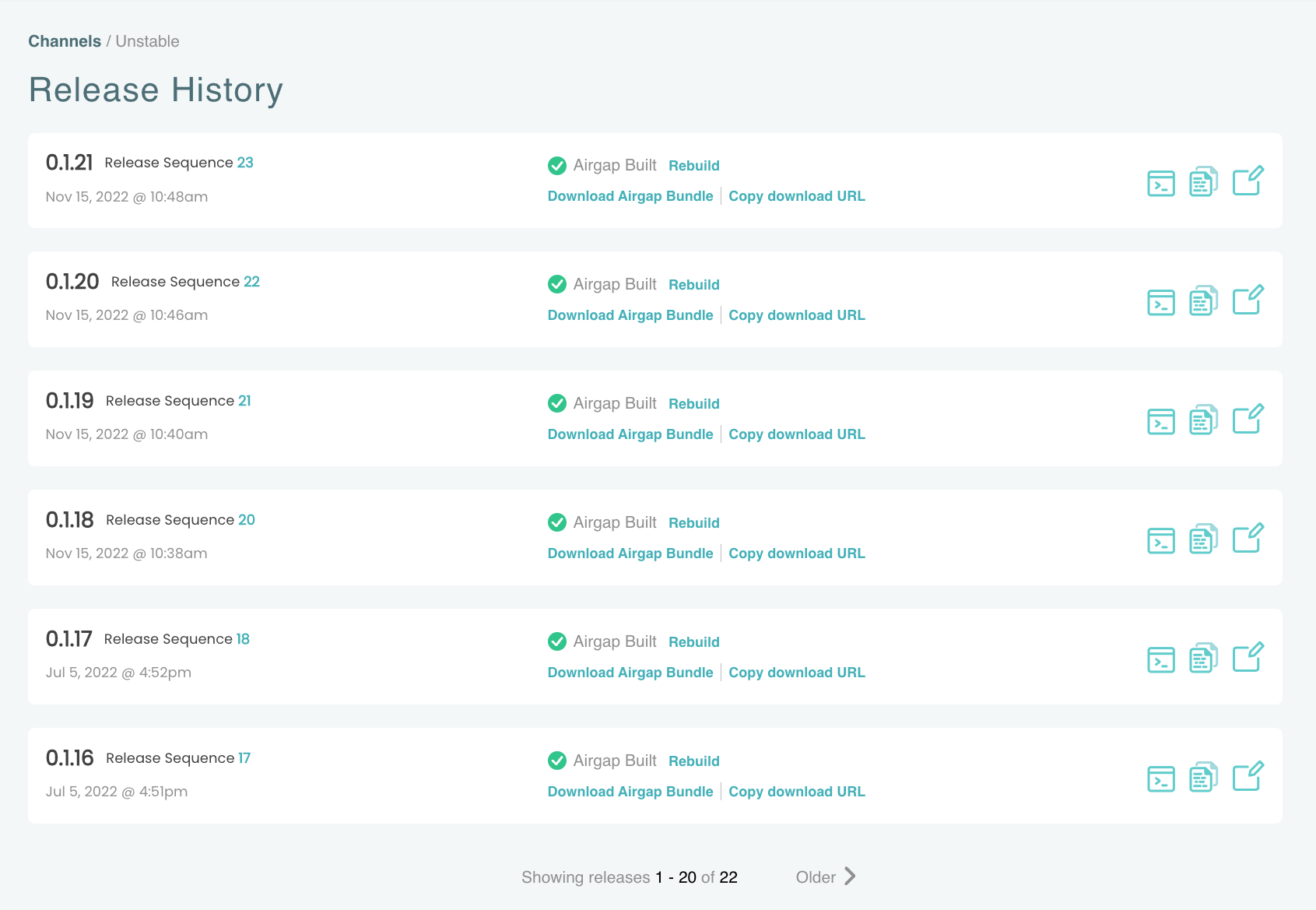 Release history page in the vendor portal