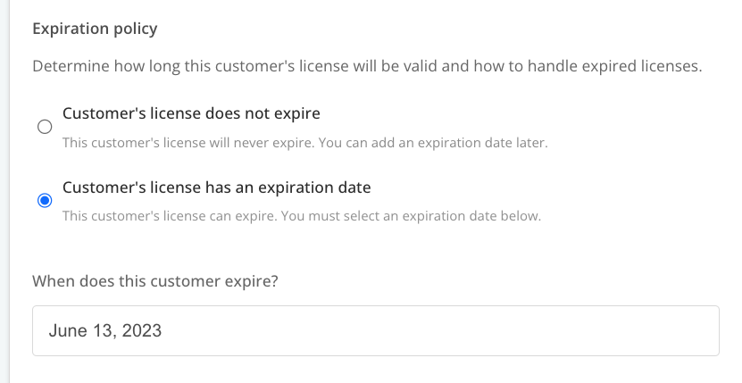 expiration policy field in the customer details page