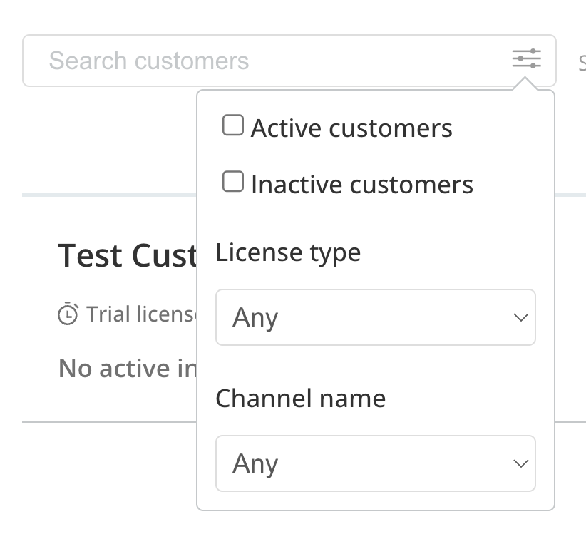 search box and filters on the customers page