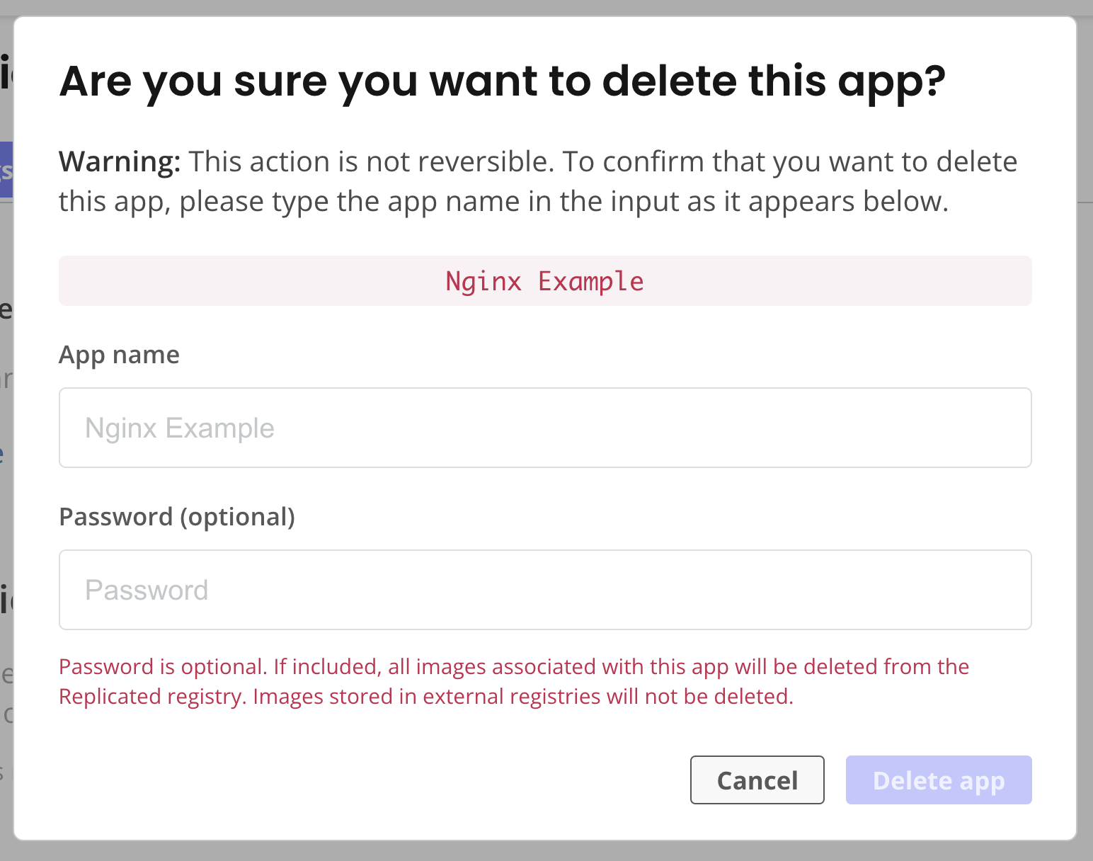 delete app dialog