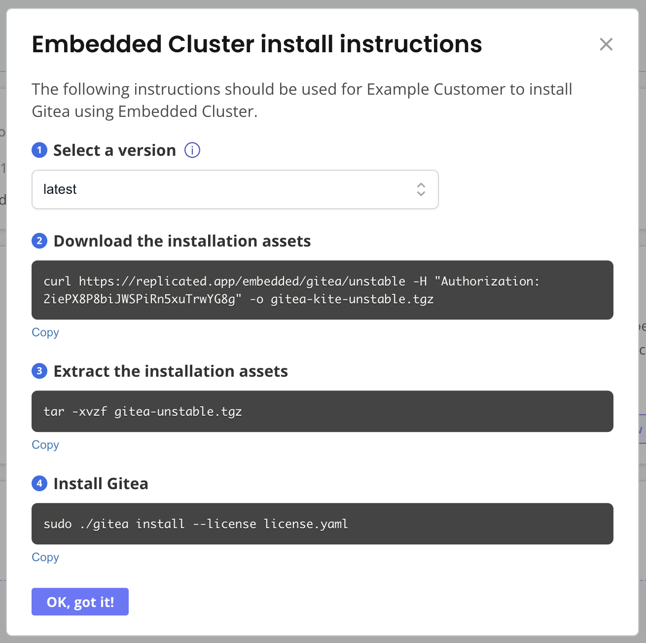 Embedded cluster install instruction dialog
