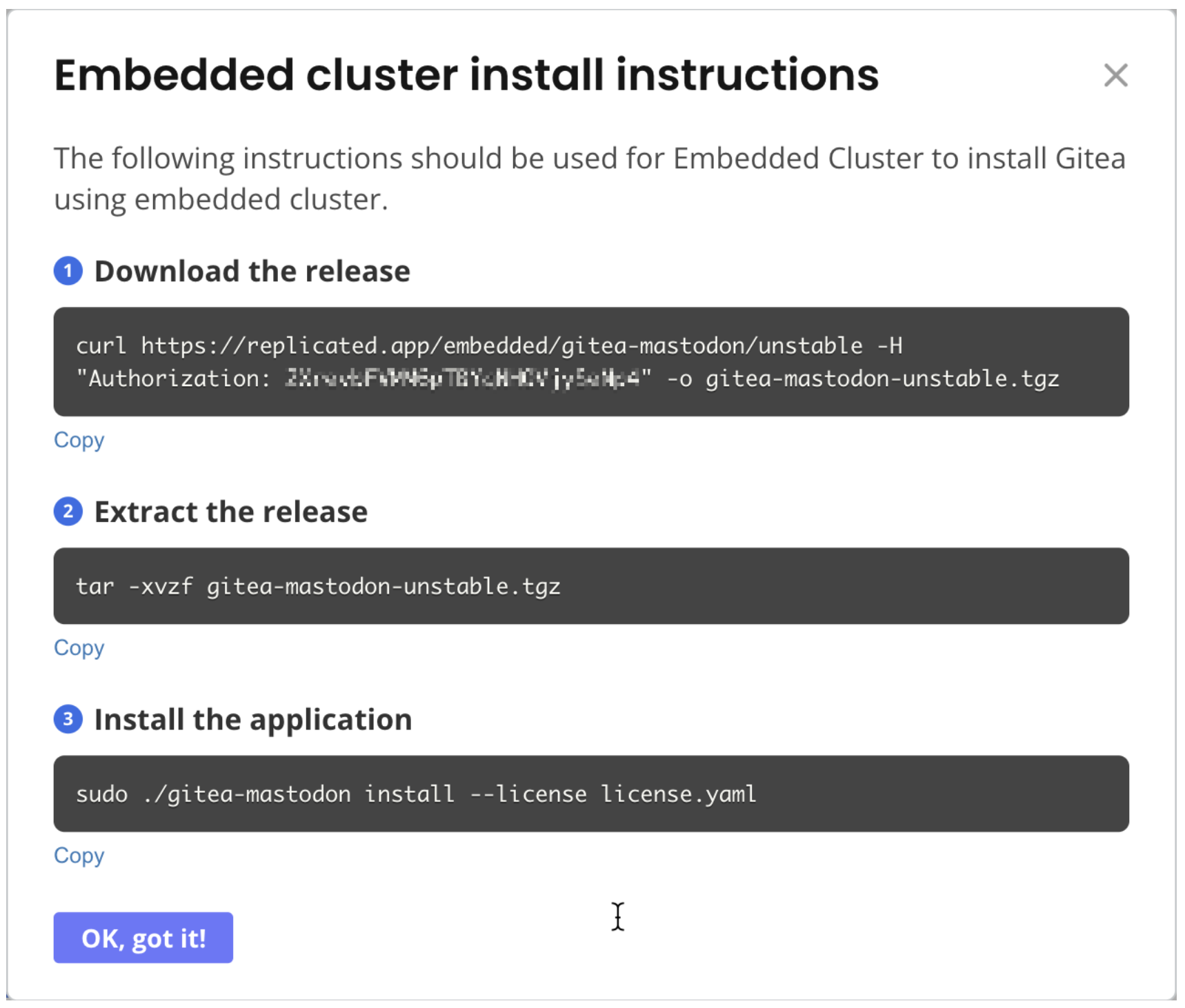 Embedded cluster install instruction dialog