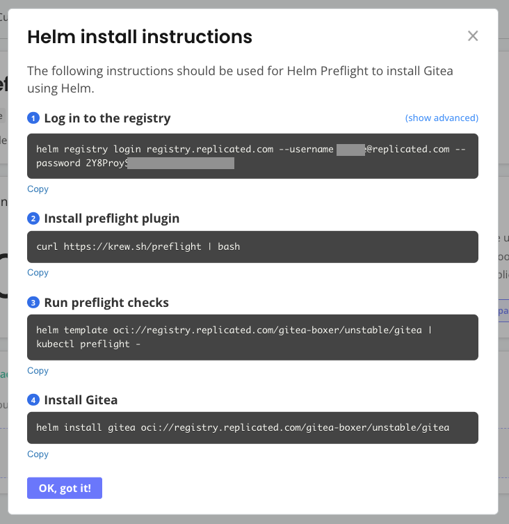 Helm install instructions dialog with preflight checks