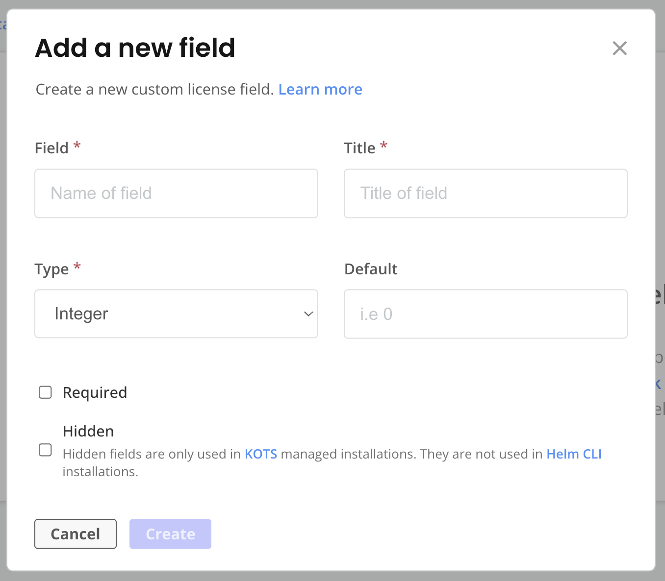 create a new License Field dialog