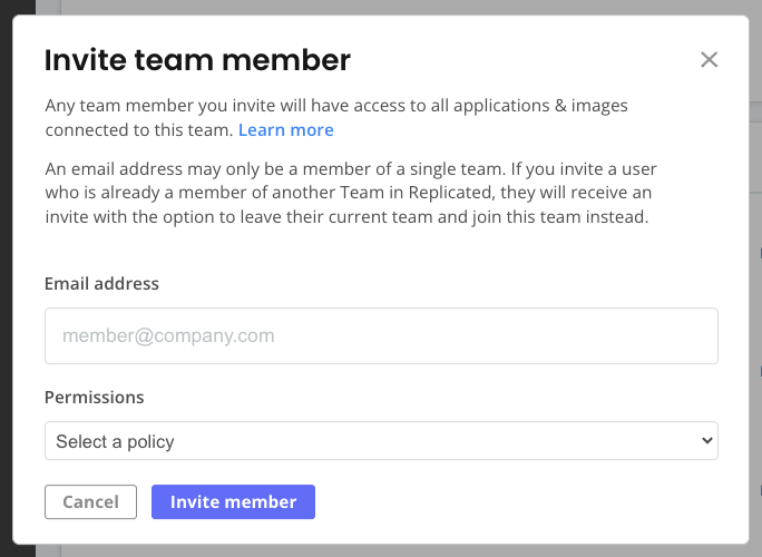 Invite team member dialog in the vendor portal