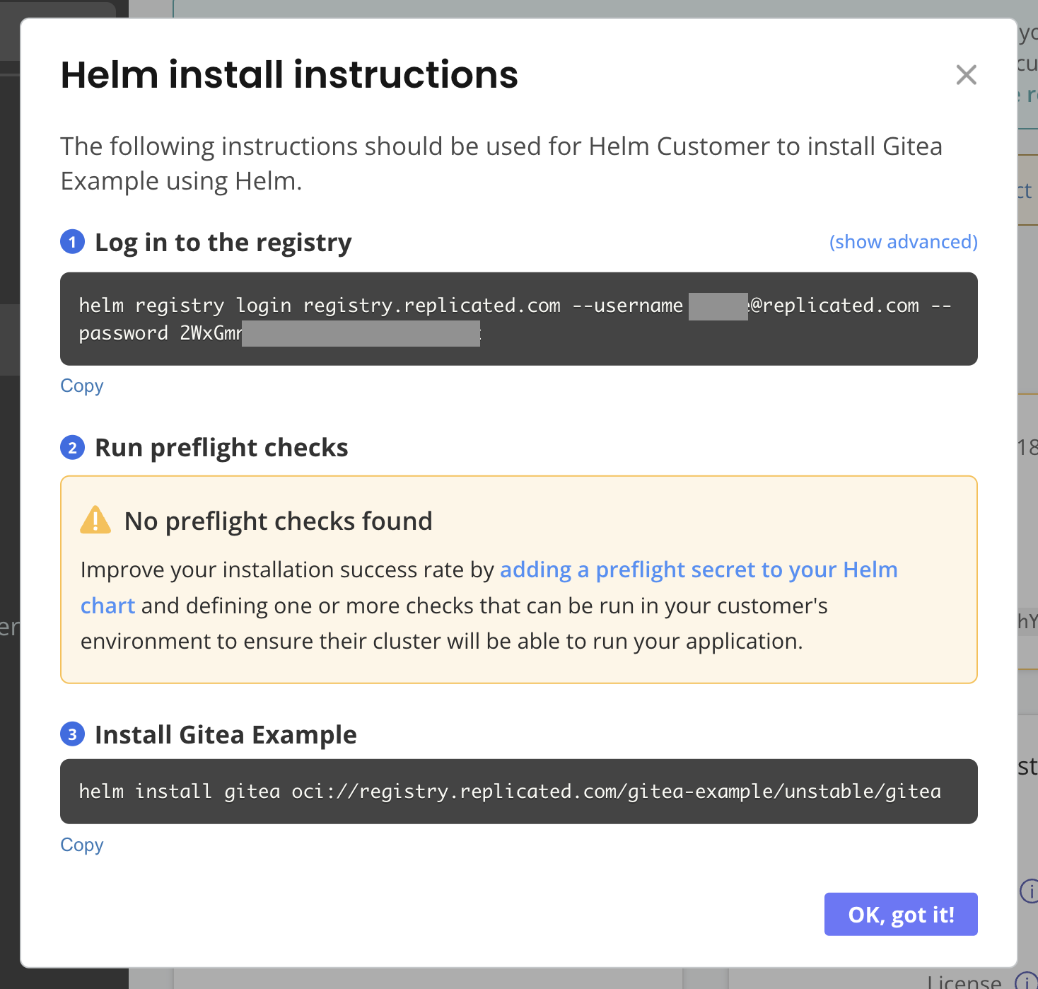 Helm install instructions dialog